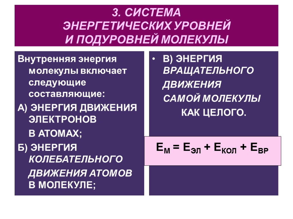 3. СИСТЕМА ЭНЕРГЕТИЧЕСКИХ УРОВНЕЙ И ПОДУРОВНЕЙ МОЛЕКУЛЫ Внутренняя энергия молекулы включает следующие составляющие: А)